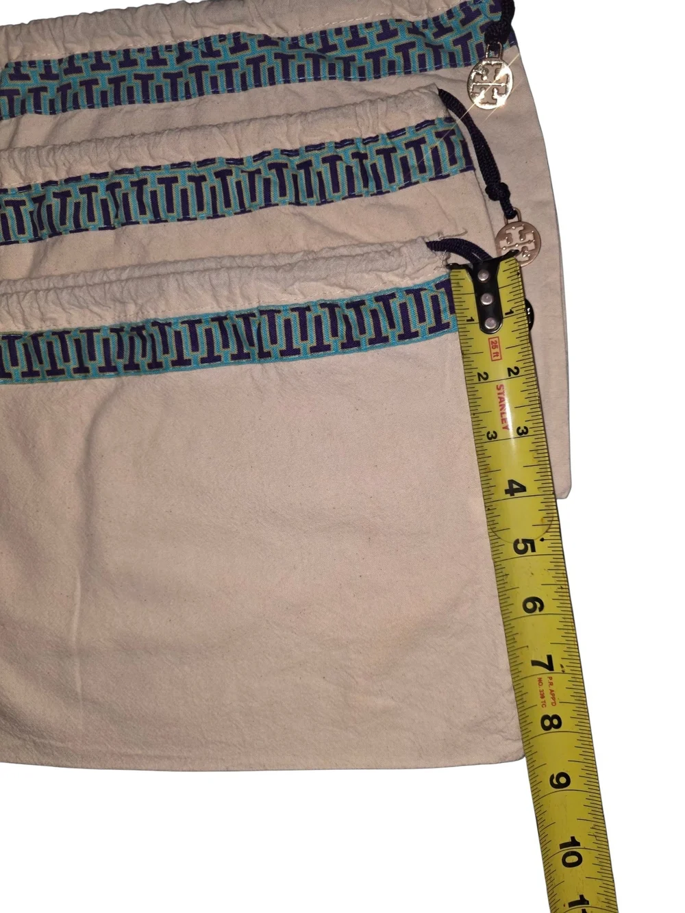 Tory Burch Beige Drawstring Dust Bag with Blue Trim- 3 Piece Set